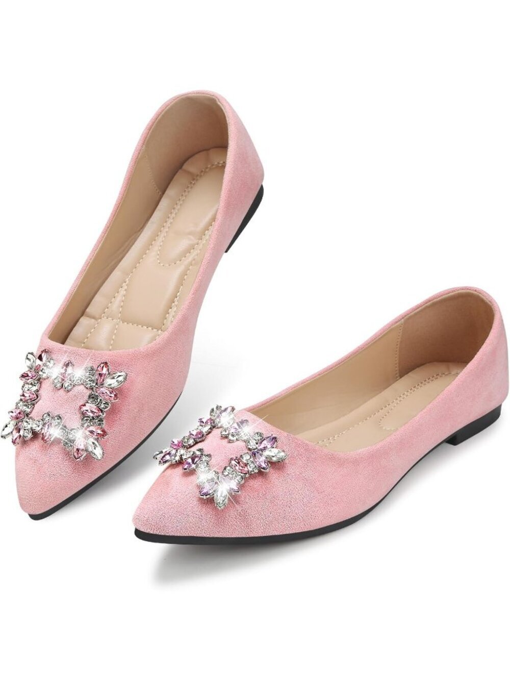 Women's 04-Pink Pointed Toe Pearl Flats Comfort Non Slip Soft Sole Office Shoes
